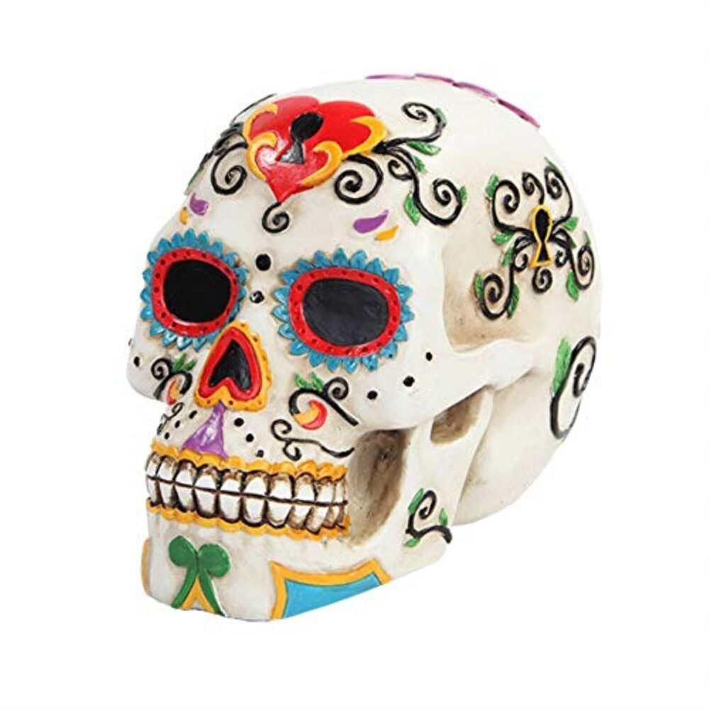 2346 Day of The Dead White Colorful Sugar Skull Polyresin Figurine